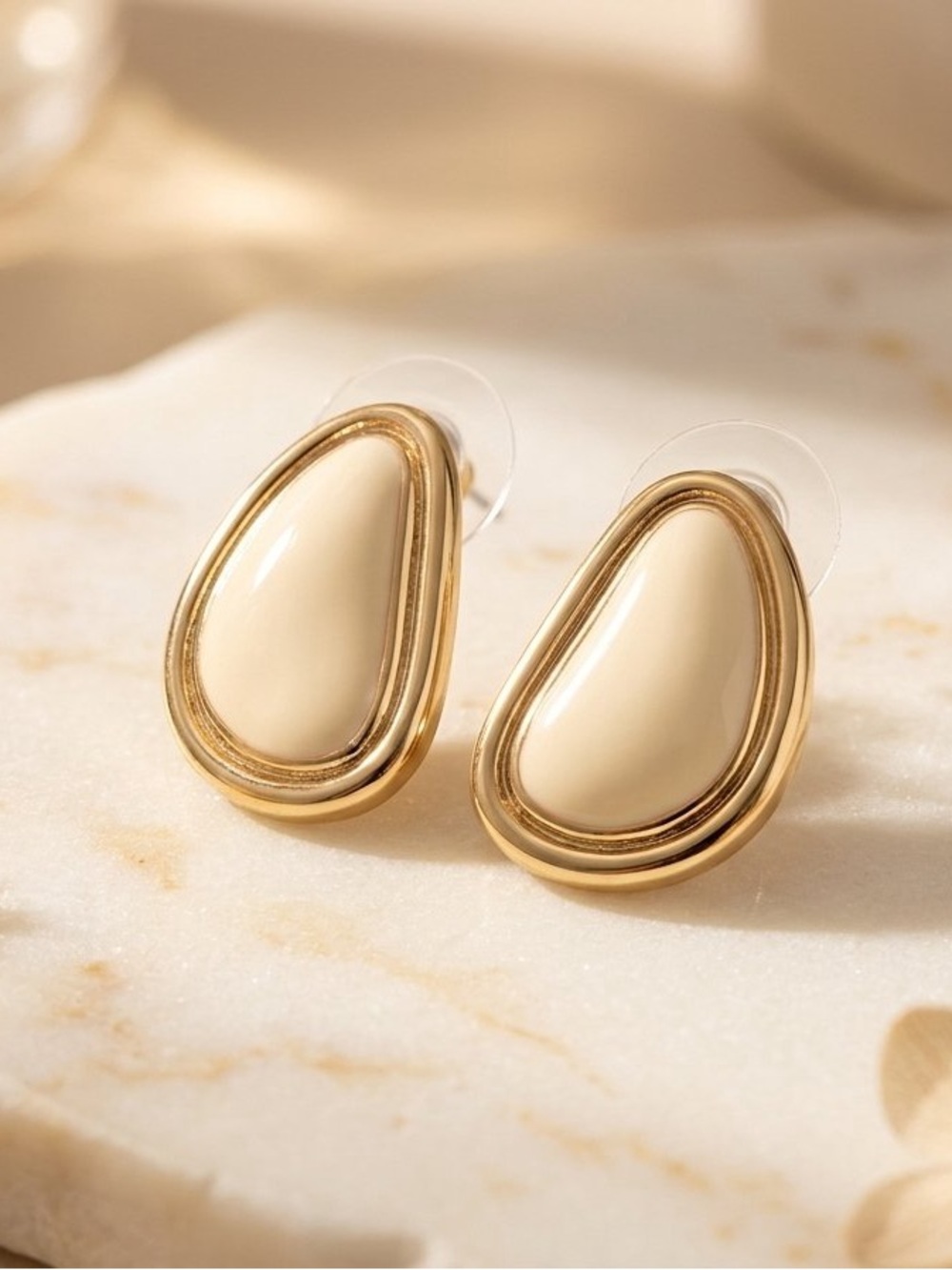 Chunky Gold Cream Enamel Teardrop Studs • Neutral Quiet Luxury Abstract Earrings